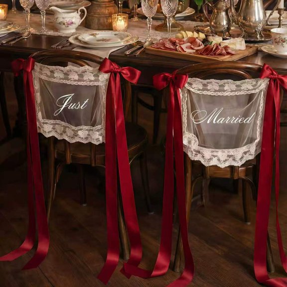 Just Married Wedding Chair Signs Set of 2, Sheer Lace Bride and Groom Chair Back Decor with Ribbon, Romantic Elegant Decor for Wedding Reception Ceremony Sweetheart Table