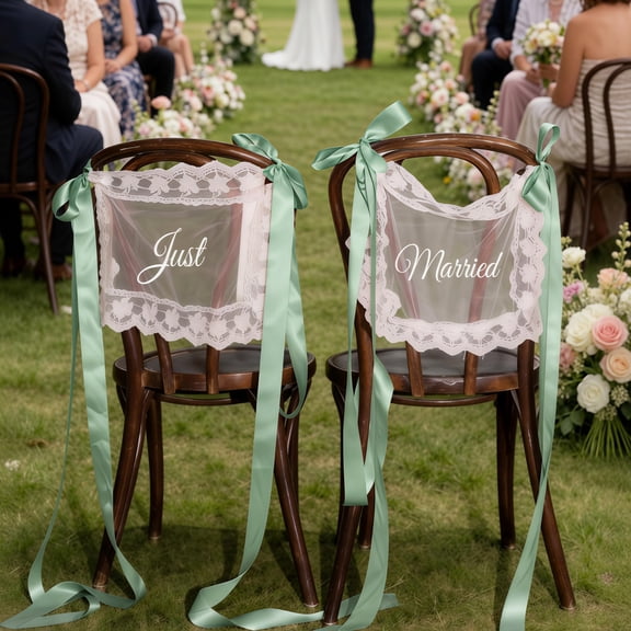 Just Married Wedding Chair Signs Set of 2, Sheer Lace Bride and Groom Chair Back Decor with Ribbon, Romantic Elegant Decor for Wedding Reception Ceremony Sweetheart Table