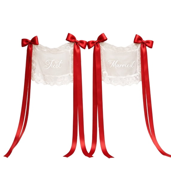 Just Married Wedding Chair Signs Set of 2, Sheer Lace Chair Back Decor with Ribbons for Bride Groom, Rustic Wedding Reception Ceremony Chair Covers Decorations