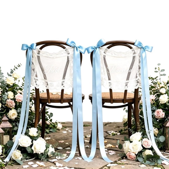 Just Married Wedding Chair Signs Set, Sheer Lace Bride and Groom Chairs Back Decor with Ribbon, Mr & Mrs Chair Cover for Wedding Reception Ceremony Sweetheart Table
