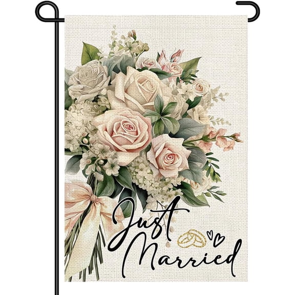 Just Married Wedding Garden Flag 12 x 18 Inch Double Sided Burlap Floral Welcome Small Farmhouse Yard Lawn Outdoor Decoration