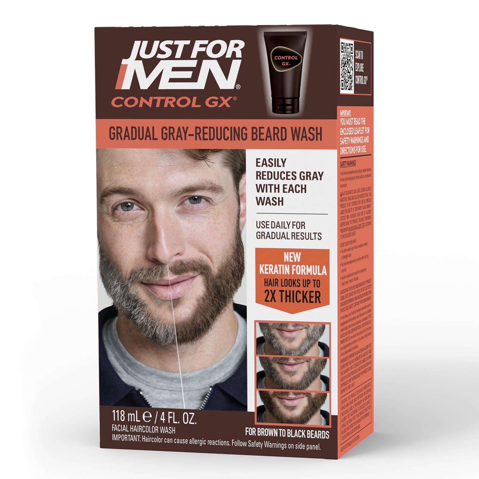 Just For Men Control GX Grey Reducing Beard Wash Shampoo with Keratin, Gradually Colors Mustache and Beard, Leaves Facial Hair Thicker Softer and Fuller, 4 Fl Oz - Pack of 1