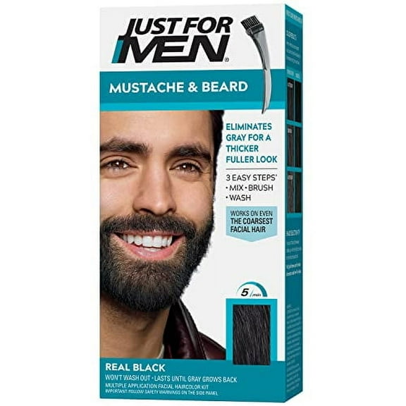 Just For Men Mustache & Beard, Beard Dye for Men with Brush Included for Easy Application, With Biotin Aloe and Coconut Oil for Healthy Facial Hair - Real Black, M-55, Pack of 1