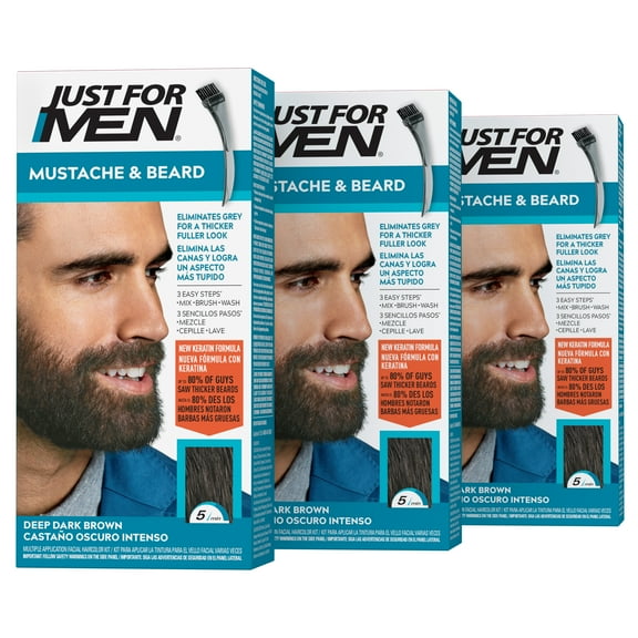 Just For Men Mustache & Beard, Beard Dye for Men with Brush Included for Easy Application, With Keratin Biotin Aloe and Coconut Oil for Healthy Facial Hair - Deep Dark Brown, M-46 Pack of 3