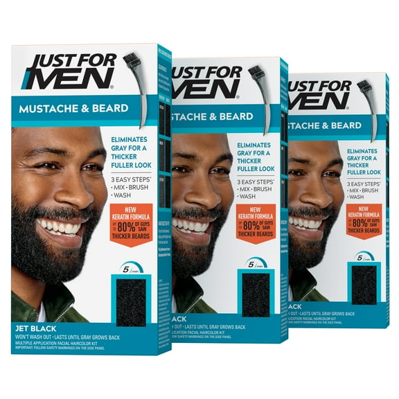 Just For Men Mustache & Beard, Beard Dye for Men with Brush Included for Easy Application, With Keratin Biotin Aloe and Coconut Oil for Healthy Facial Hair - Jet Black, M-60 Pack of 3