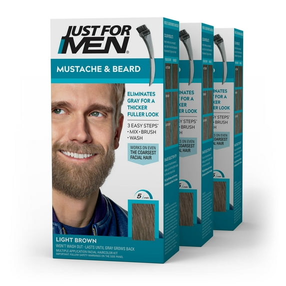 Just For Men Mustache & Beard, Beard Dye for Men with Brush Included for Easy Application, With Keratin Biotin Aloe and Coconut Oil for Healthy Facial Hair - Light Brown M-25 Pack of 3