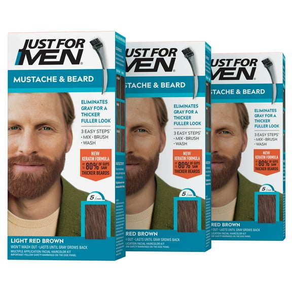 Just For Men Mustache & Beard, Beard Dye for Men with Brush Included for Easy Application, With Keratin Biotin Aloe and Coconut Oil for Healthy Facial Hair - Light Red Brown, M-27, Pack of 3