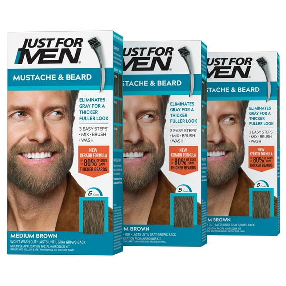Just For Men Mustache & Beard, Beard Dye for Men with Brush Included for Easy Application, With Keratin Biotin Aloe and Coconut Oil for Healthy Facial Hair - Medium Brown M-35 Pack of 3