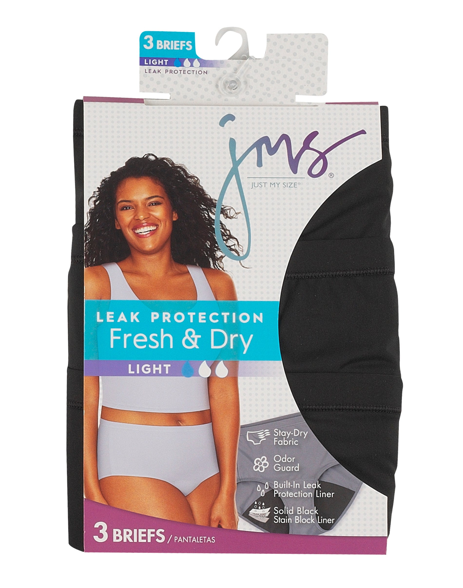 Hanes Just My Size Fresh & Dry Women's Brief Period Underwear, Light Leaks,  Black/Grays, 3-Pack Assorted 9 