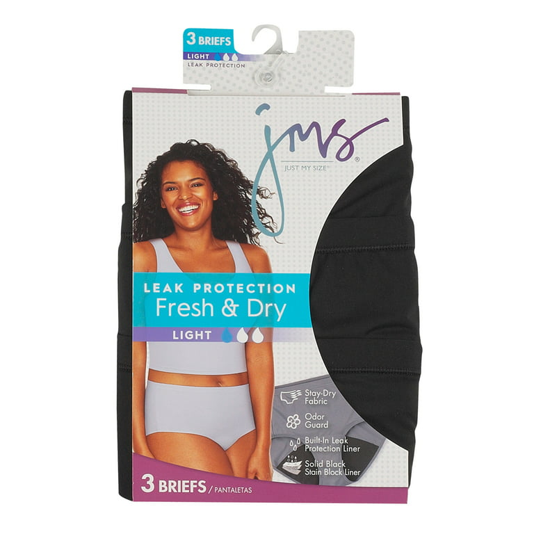 Just My Size JMS Fresh & Dry Briefs Period Underwear, Light Leaks, Black,  3-Pack 14 Women's