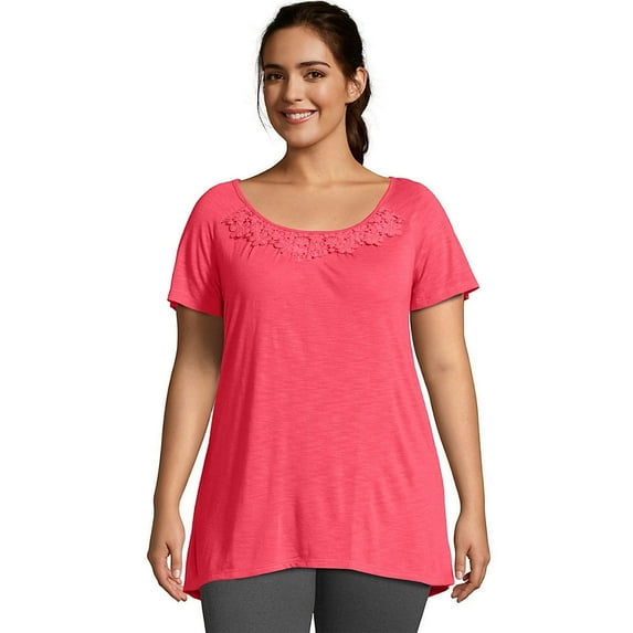 Just My Size Short-Sleeve Slub-Jersey Women's Tunic with Crochet Trim - OJ247