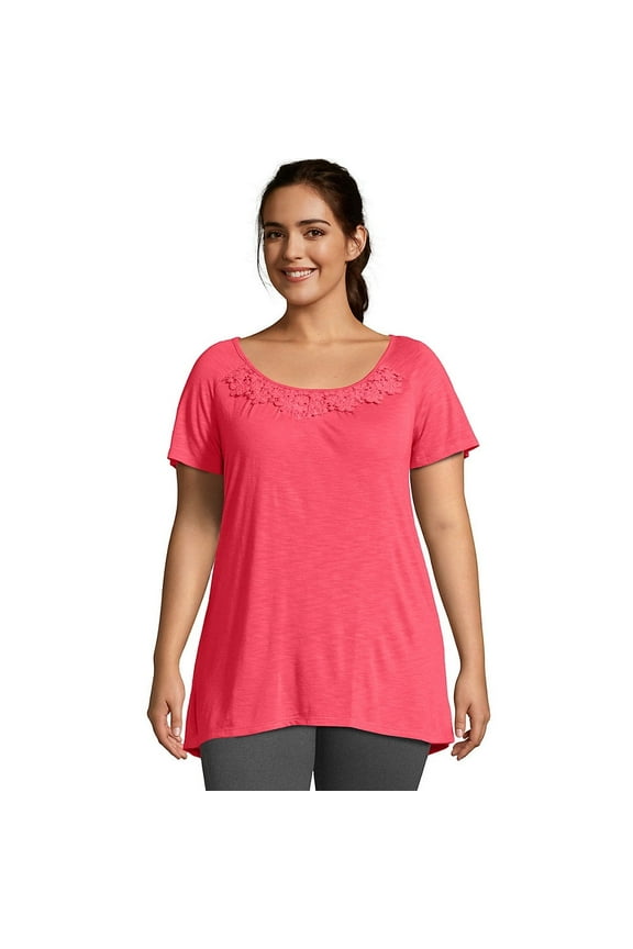 Short-Sleeve Slub-Jersey Women's Tunic with Crochet Trim - OJ247