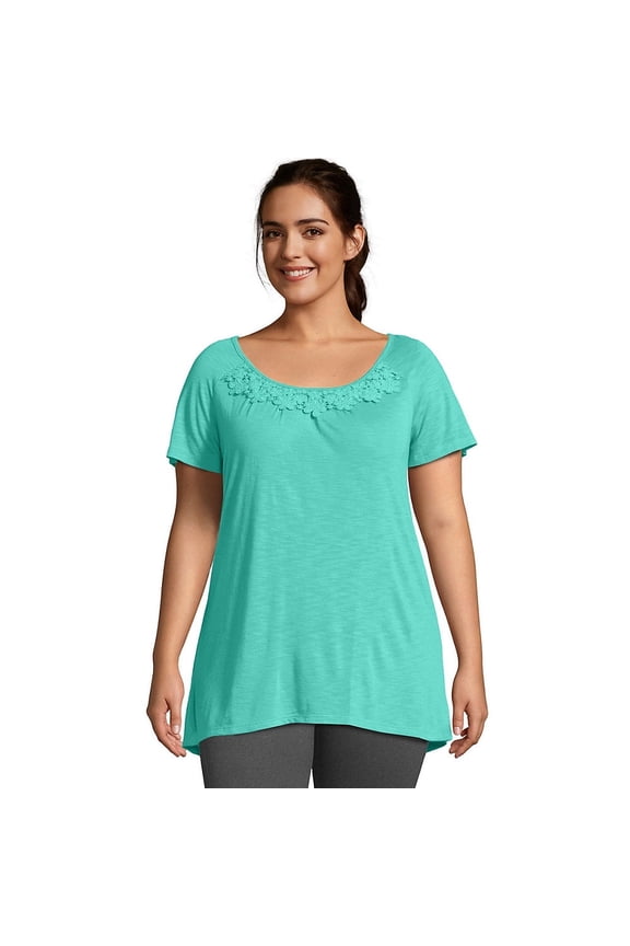 Short-Sleeve Slub-Jersey Women's Tunic with Crochet Trim - OJ247