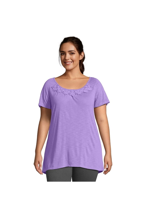 Short-Sleeve Slub-Jersey Women's Tunic with Crochet Trim - OJ247