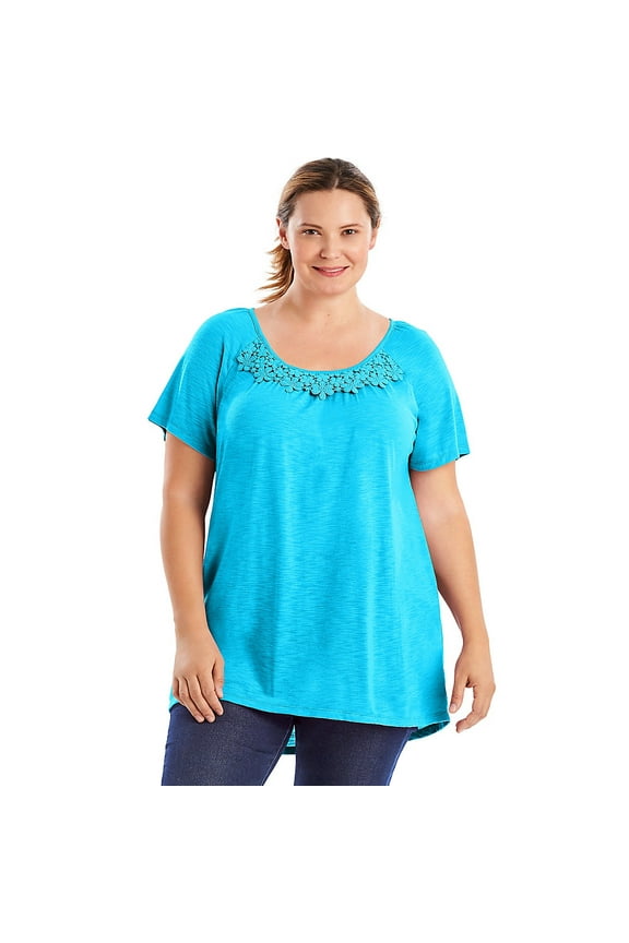 Short-Sleeve Slub-Jersey Women's Tunic with Crochet Trim - OJ247