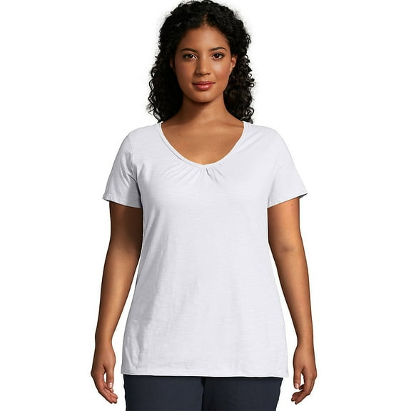Just My Size Slub-Cotton Short-Sleeve Shirred V-Neck Women's Tee - OJ193