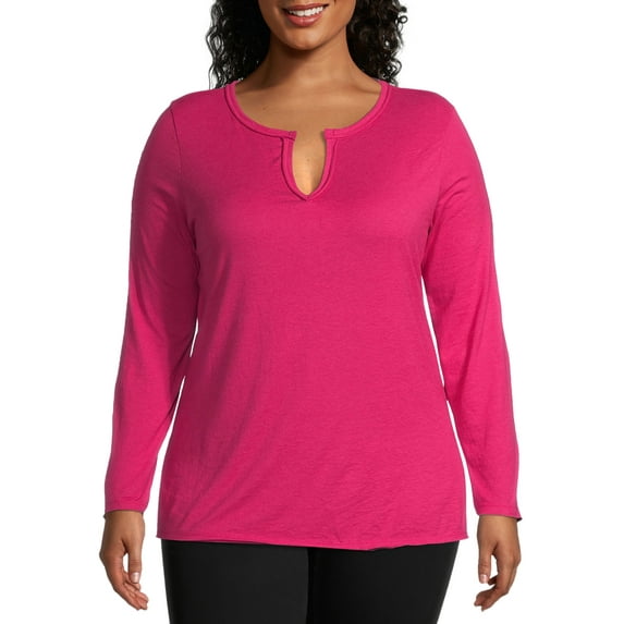 Just My Size Split Neck Long Sleeve T-Shirt (Women's Plus)