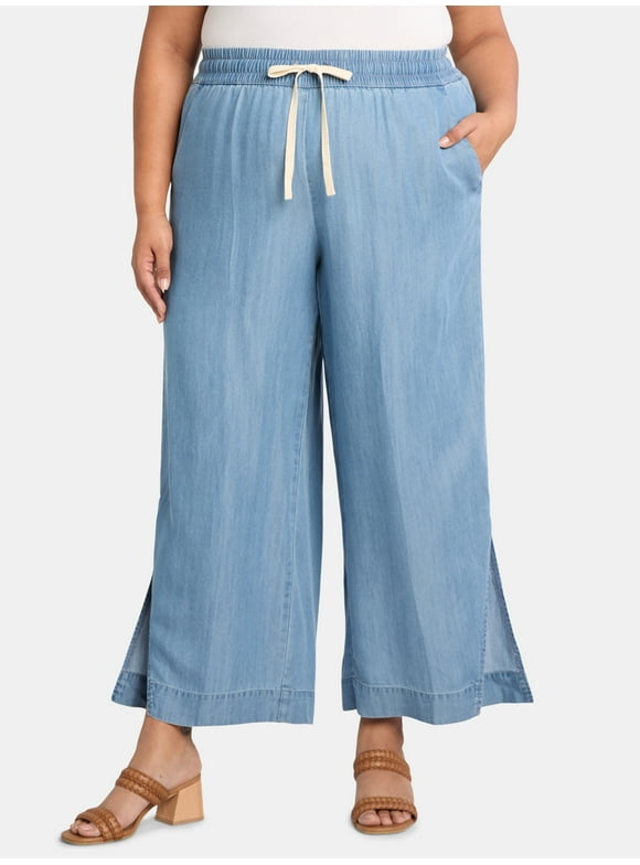 JMS Just My Size by Hanes Women's Plus Chambray Split Hem Pants, 28” Inseam, Sizes 0X-4X