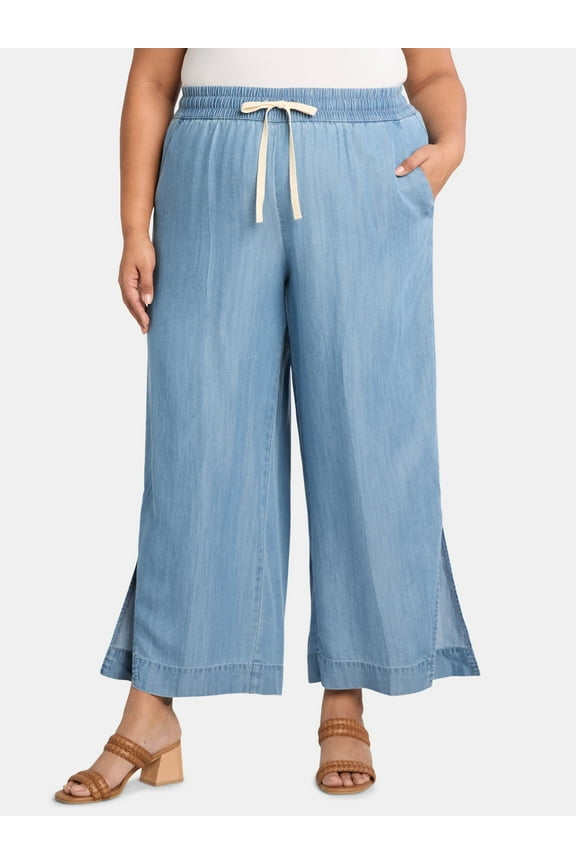 JMS Just My Size by Hanes Women's Plus Chambray Split Hem Pants, 28” Inseam, Sizes 0X-4X