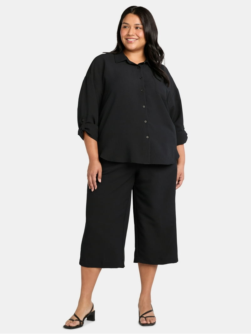 Just My Size Women's Plus Gauze Button Up Shirt and Capri Pants