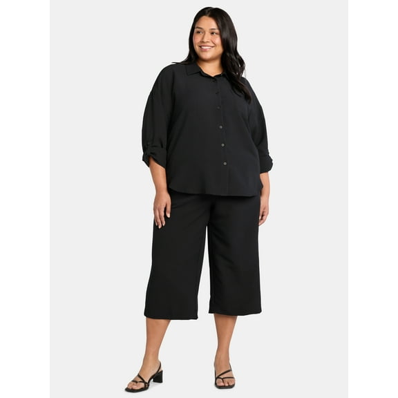 Just My Size Women's Plus Gauze Button Up Shirt and Capri Pants Set, 2-Piece, 21" Inseam, Sizes 0X-4X