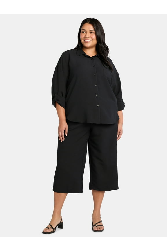 Women's Plus Gauze Button Up Shirt and Capri Pants Set, 2-Piece, 21" Inseam, Sizes 0X-4X