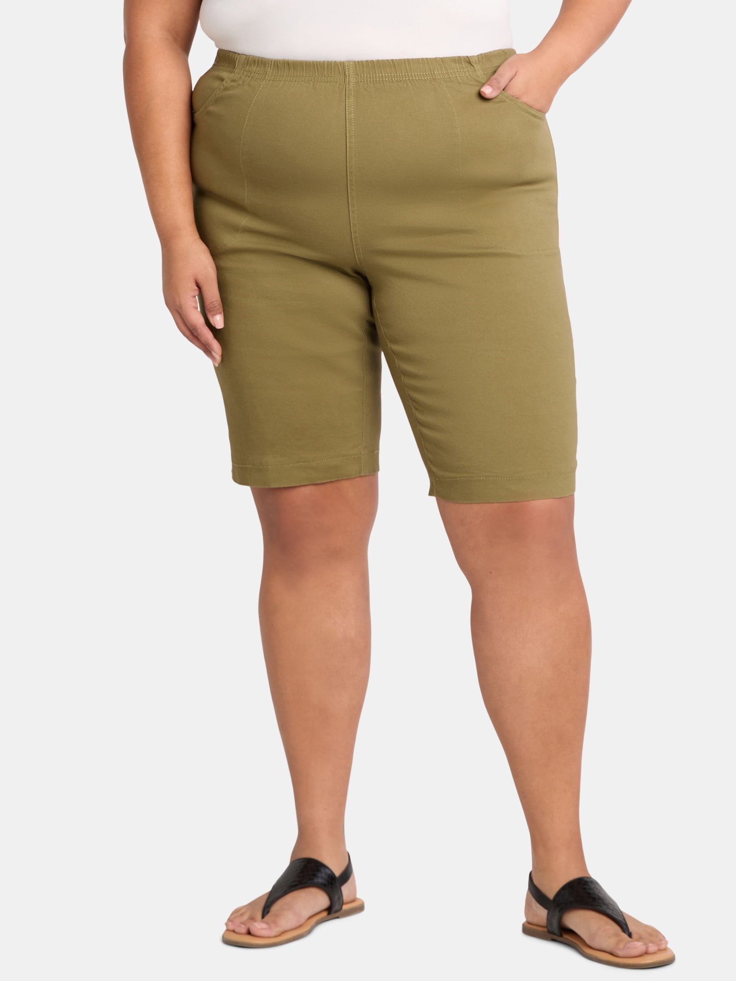 【INCHANT ME】Big Pocket Nylon Bermuda Pants Just My Size Women's Plus Elastic Waist Stretch Bermuda