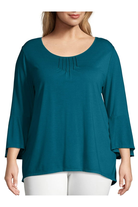 Women's Plus Size Bell Sleeve Pin-tuck Top