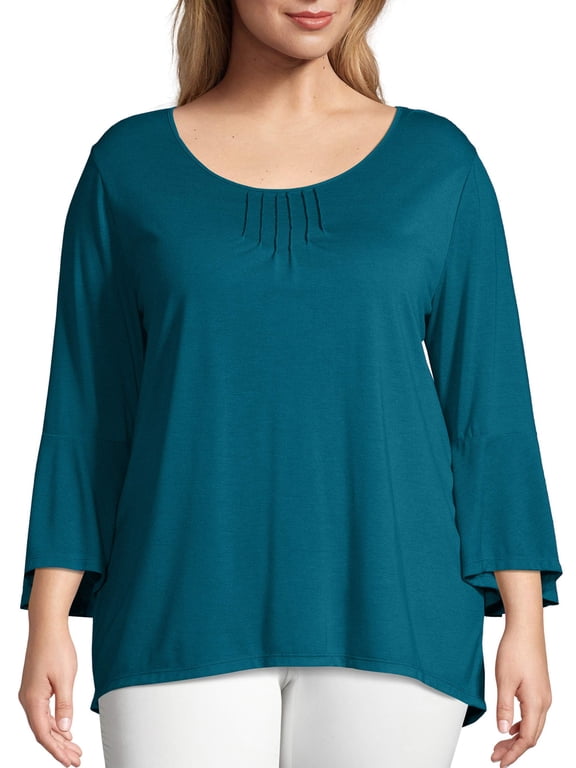 Women's Plus Size Bell Sleeve Pin-tuck Top