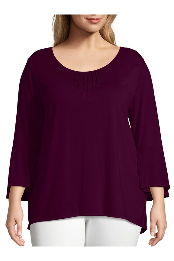 Women's Plus Size Bell Sleeve Pin-tuck Top