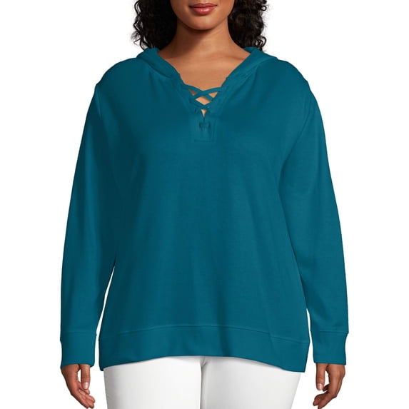 Just My Size Women's Plus Size French Terry Hoodie with Lace-up Collar