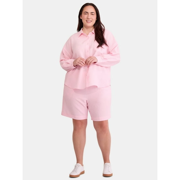 Just My Size Women's Plus Size Gauze Button Front Shirt and Pull On Shorts Set, 2-Piece, Sizes 0X-4X