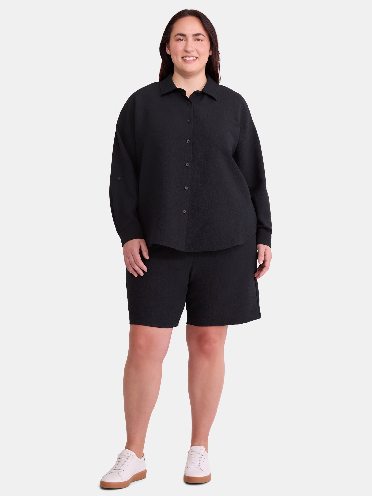 Just My Size Women's Plus Size Gauze Button Front Shirt and Pull On Shorts Set, 2-Piece, Sizes 0X-4X