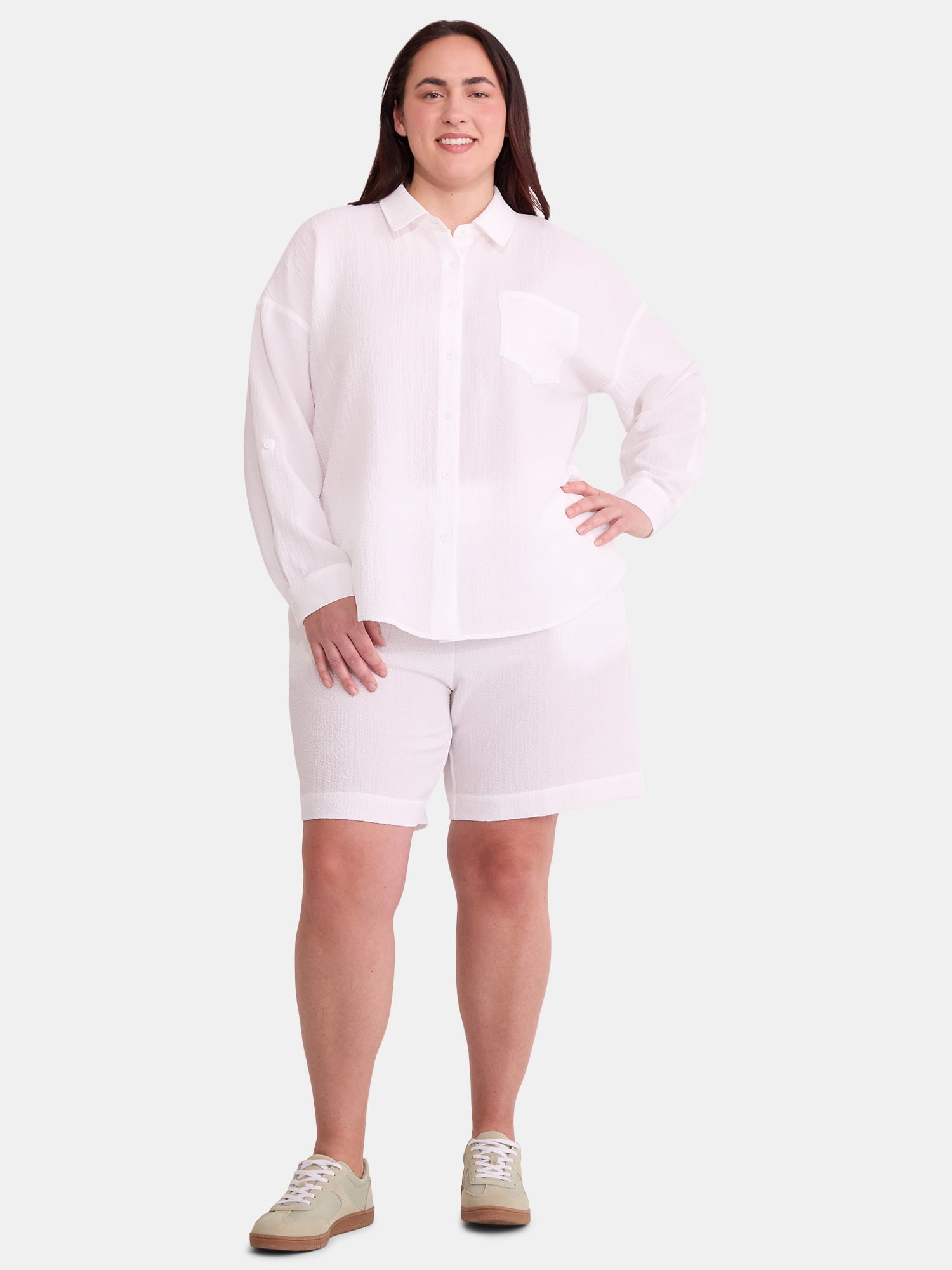 Just My Size Women's Plus Size Gauze Button Front Shirt and Pull On Shorts Set, 2-Piece, Sizes 0X-4X