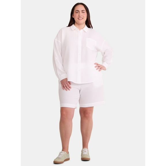 Just My Size Women's Plus Size Gauze Button Front Shirt and Pull On Shorts Set, 2-Piece, Sizes 0X-4X