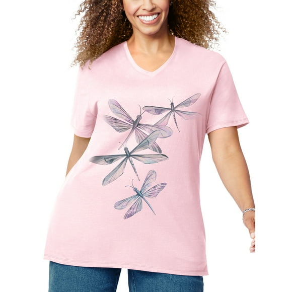 Just My Size Women's Plus Size Graphic Short Sleeve V-neck Tee