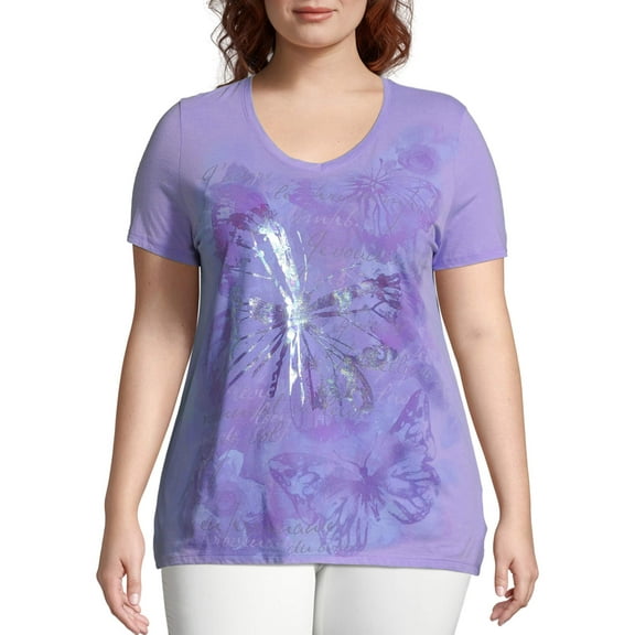Just My Size Women's Plus Size Graphic Short Sleeve V-neck Tee