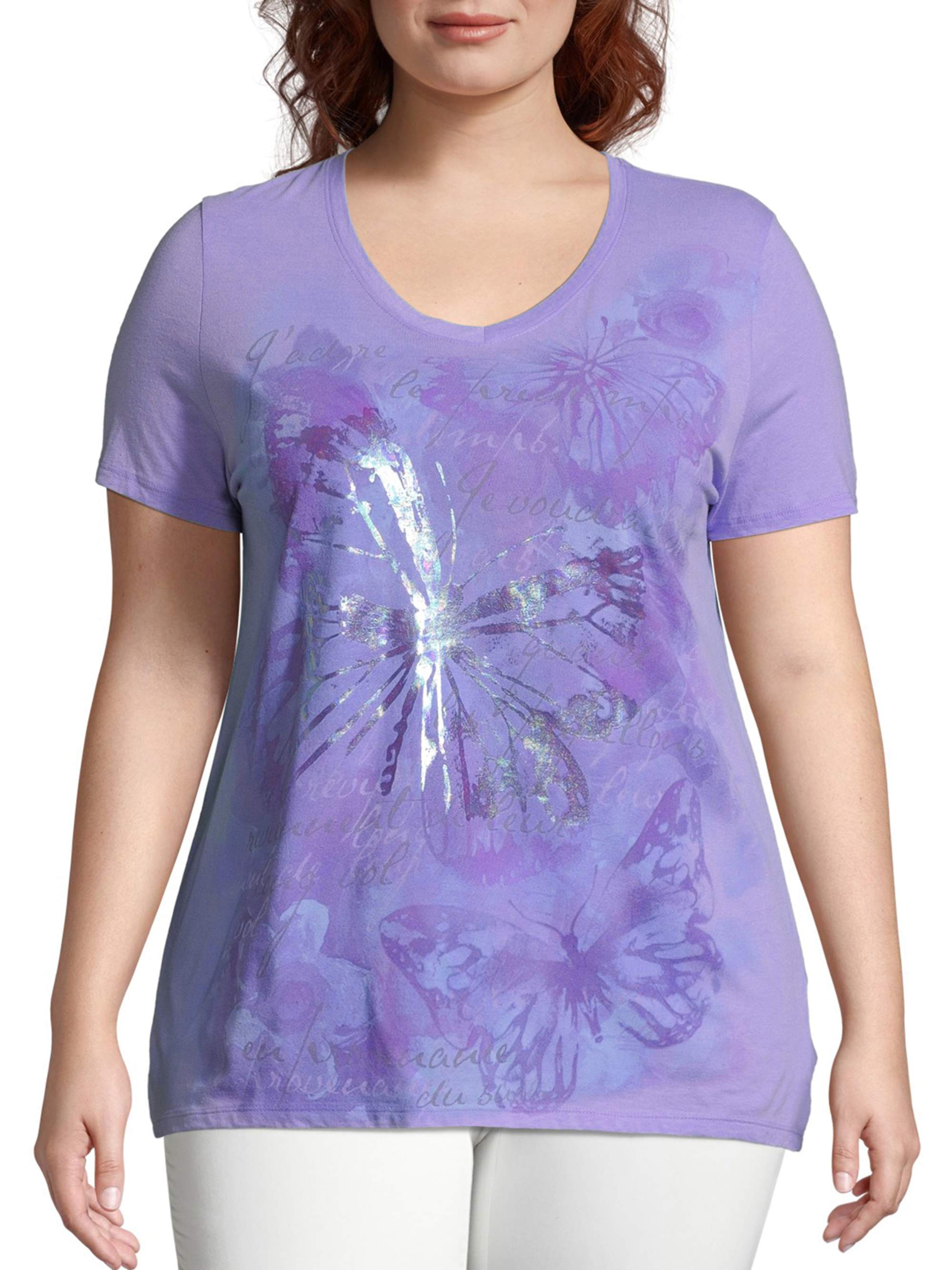 Just My Size Women's Plus Size Graphic Short Sleeve V-neck Tee - image 1 of 5