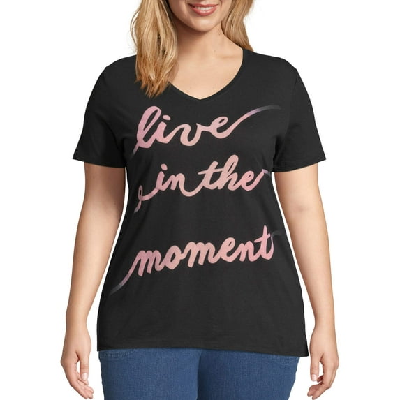 Just My Size Women's Plus Size Graphic Short Sleeve V-neck Tee