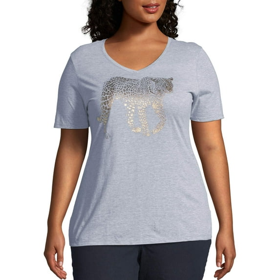 Just My Size Women's Plus Size Graphic Short Sleeve V-neck Tee