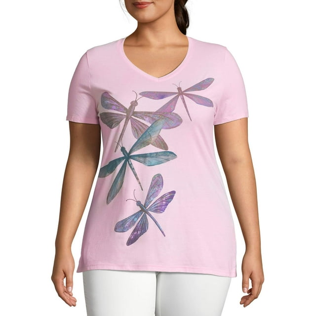 Just My Size Women's Plus Size Graphic Short Sleeve V-neck Tee