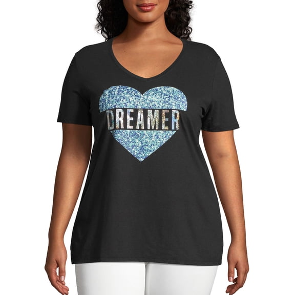 Just My Size Women's Plus Size Graphic Short Sleeve V-neck Tee