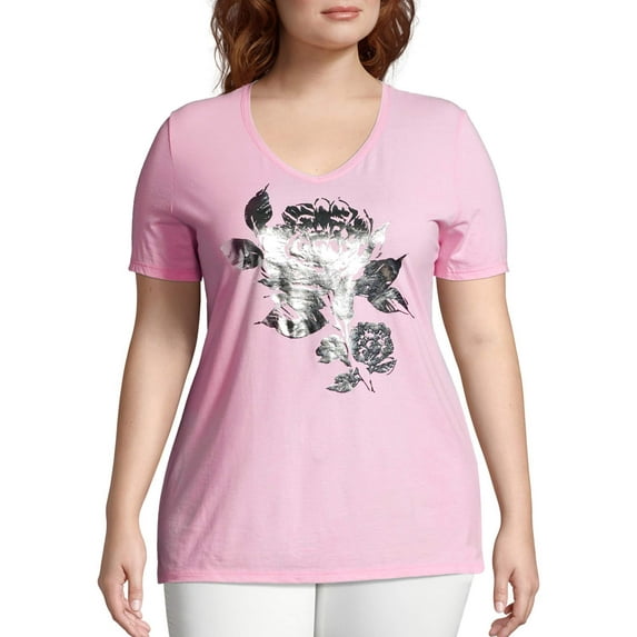 Just My Size Women's Plus Size Graphic Short Sleeve V-neck Tee