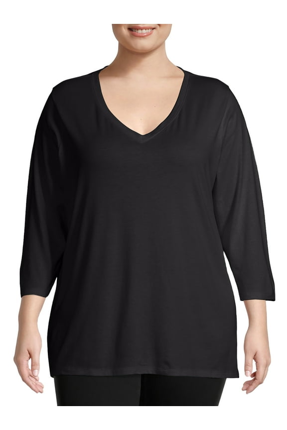 Women's Plus Size Quarter Sleeve Flowy V-Neck T-Shirt