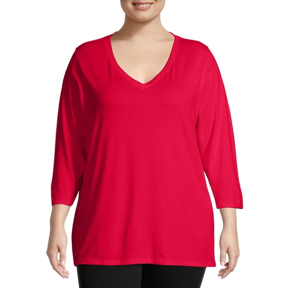 Just My Size Women's Plus Size Quarter Sleeve Flowy V-Neck T-Shirt