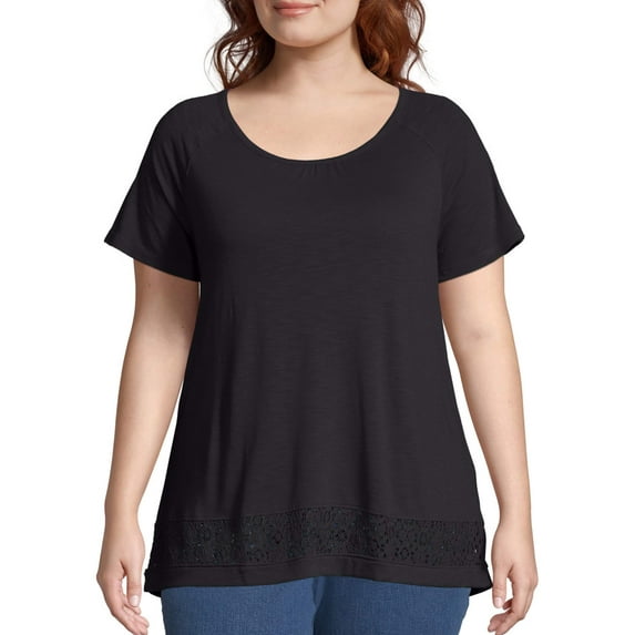 Just My Size Women's Plus Size Raglan Tee with Lace Panel Top