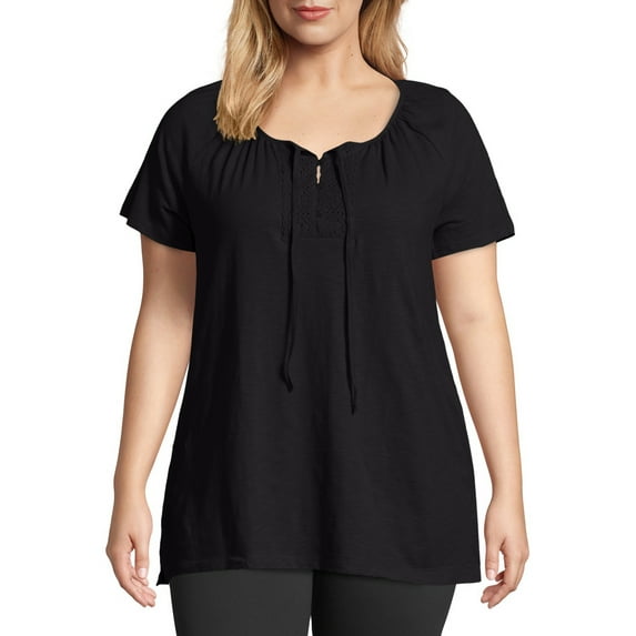 Just My Size Women's Plus-Size Slub Crochet Trim Tunic with Tie