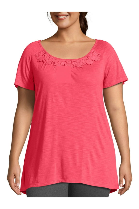 Women's Plus Size Slub Crochet Trim Tunic