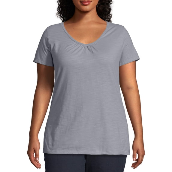 Just My Size Women's Plus Size Slub Shirred V-Neck
