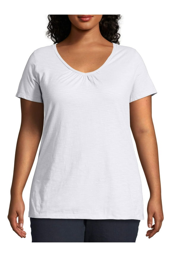 Women's Plus Size Slub Shirred V-Neck
